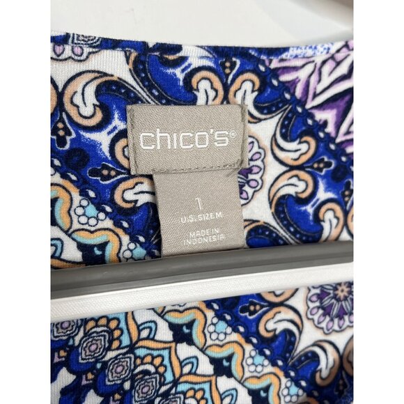 Chicos Blue Patchwork Print Blouse Medium Short Sleeve Boho Floral Top - Picture 7 of 12